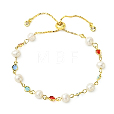 Adjustable Brass & Glass & Natural Cultured Freshwater Pearl Beads Slider Bracelets BJEW-JB14109-1
