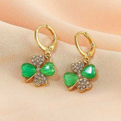Four Leaf Clover Hoop Earrings Alloy Huggie Hoop Earrings Green Shamrock Hoop Earrings Rhinestone Hoop Earrings St Patrick's Day Ear Jewelry Gift for Women JE1083A-1