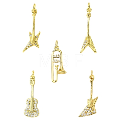 5Pcs 5 Styles Musical Instruments Theme Rack Plating Brass Clear Cubic Zirconia Pendants KK-CJ0005-93-1