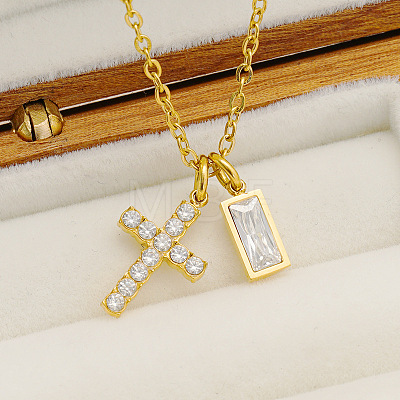 304 Stainless Steel Pave Cubic Zirconia April Birth Stone Religion Cross and Rectangle Pendant Necklaces WG51992-02-1