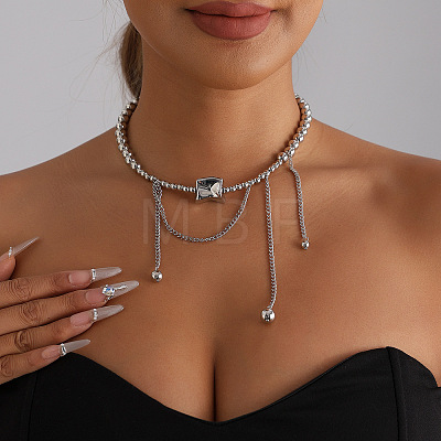Alloy & CCB Plastic Textured Rectangle Pendant Necklaces with Chain Tassel for Women WG46BC5-01-1