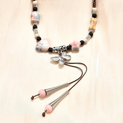 Ethnic Style Alloy & Porcelain Ceramic Beads Butterfly Pendant Tassel Y Necklaces LS-NJEW-D308-01C-1