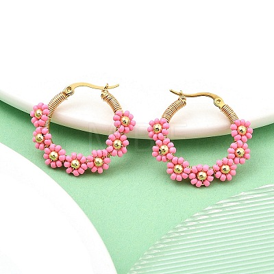 304 Stainless Steel & Bohemian Beaded Flower Hoop Earrings for Women EJEW-R001-02G-03-1