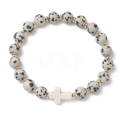 Round Natural Dalmatian Jasper Stone Beaded Stretch Bracelets BJEW-JB13450-1