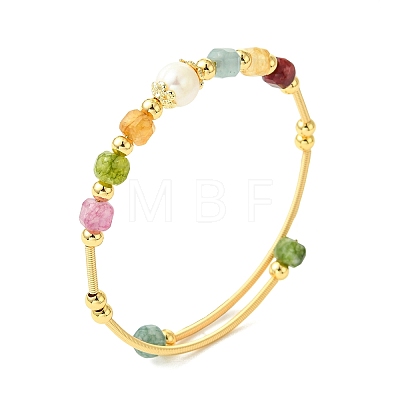 Natural Tourmaline & Freshwater Pearl Beaded Copper French Wired Cuff Bangles for Women BJEW-JB13987-01-1