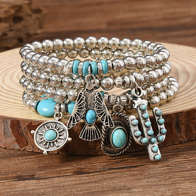 4Pcs Synthetic Turquoise & CCB Beaded Stretch Bracelets FS-WGC8DBE-08-1