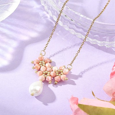 Electroplate Glass Beaded Flower Teardrop Pendant 304 Stainless Steel Cable Chain Necklaces NJEW-MZ00156-02-1