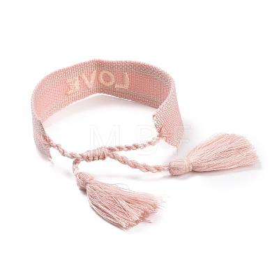 Word Love Polycotton(Polyester Cotton) Braided Bracelet with Tassel Charm BJEW-F429-07-1