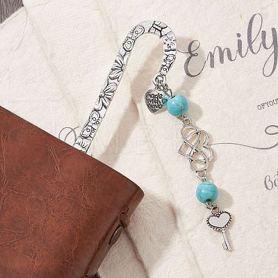 Mother's Day Key & Infinity Love Heart Pendant Bookmark with Synthetic Imperial Jasper AJEW-JK00259-06-1