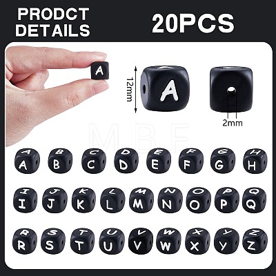 20Pcs Black Cube Letter Silicone Beads 12x12x12mm Square Dice Alphabet Beads with 2mm Hole Spacer Loose Letter Beads for Bracelet Necklace Jewelry Making JX433Z-1