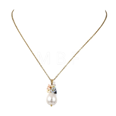 Electroplate Shell Pearl Flower Teardrop Pendant 304 Stainless Steel Cable Chain Necklaces for Women NJEW-JN06193-1