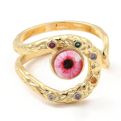 Resin Evil Eye Open Cuff Ring with Cubic Zirconia RJEW-E069-02G-05-1
