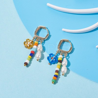 Natural Pearl & Glass Beads Dangle Hoop Earring EJEW-TA00036-1