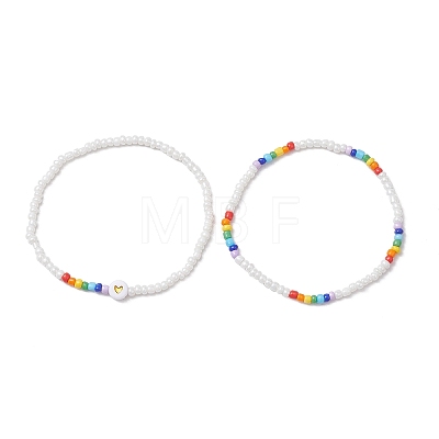 2Pcs 2 Styles Heart Glass Seed Beaded Stretch Bracelet Sets BJEW-JB10530-01-1