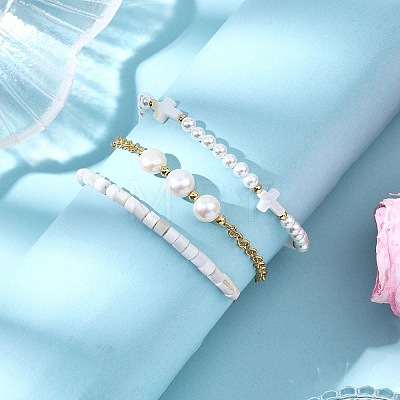 3Pcs 3 Styles Shell Pearl Beaded Stretch Bracelets & Brass Rolo Chains Bracelets & Natural Cultured Freshwater Pearl Beaded Braided Bead Bracelets for Women BJEW-JB12786-1