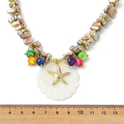 Ocean 304 Stainless Steel Starfish and Natural Shell Pendant AB Color Beaded Necklaces NJEW-JN06213-1