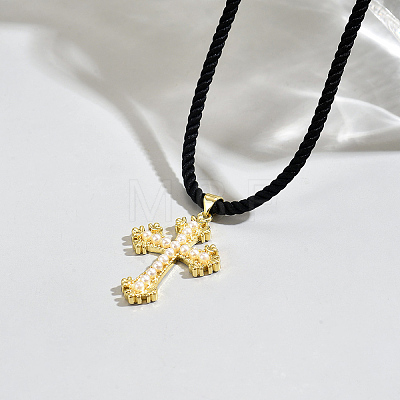 Brass & Imitation Pearl Cross Pendant Black Cord Necklaces for Men LI2000-1-1