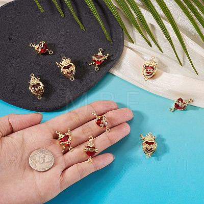 10Pcs 5 Styles Brass with Glass Dark Red Sacred Heart Connector Charms KK-TA0008-63-1