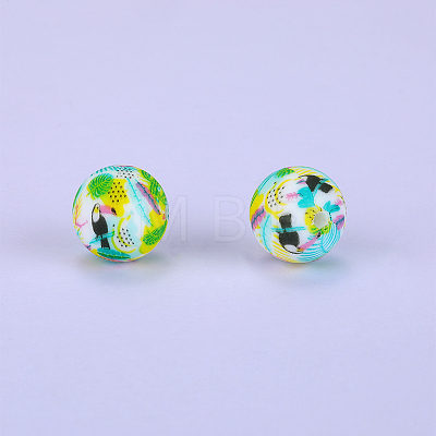 Printed Round with Bird Pattern Silicone Focal Beads SI-JX0056A-175-1