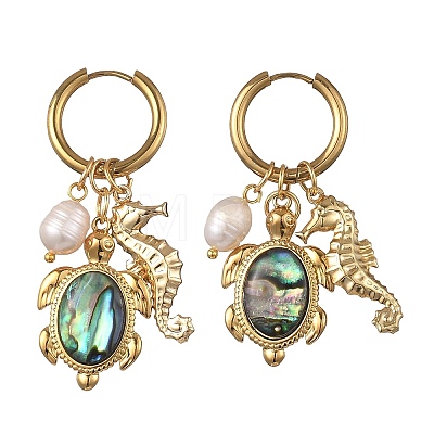 Ocean Natural Cultured Freshwater Pearl & Natural Paua Shell Dangle Earrings for Women EJEW-JE07137-1
