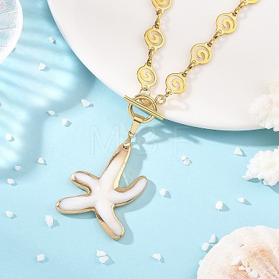 Ocean Natural Shell Brass Starfish Pendant 304 Stainless Steel Spiral Link Chain Necklaces for Women NJEW-JN06396-1