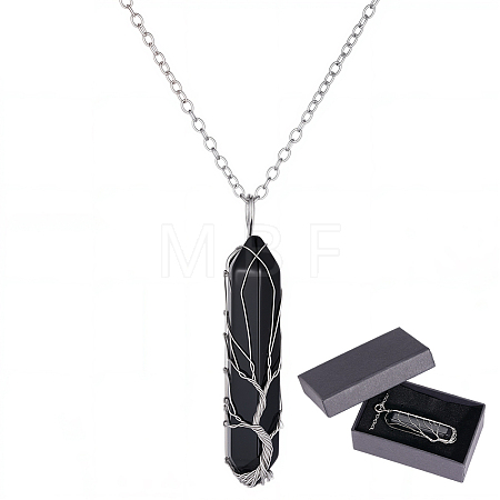 1Pc Natural Black Agate Bullet Macrame Pouch Pendant Alloy Chain Necklaces NJEW-PA0001-01E-1