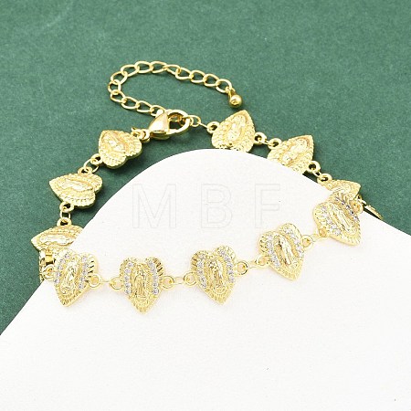 Virgin Mary Theme Brass Micro Pave Clear Cubic Zirconia Link Chain Bracelets for Women BJEW-A090-08C-G-1