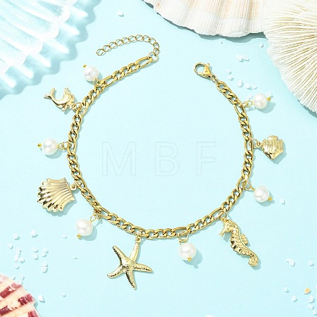 Ocean Natural Pearl & 304 Stainless Steel Starfish Sea Horse Shell Shape Charm Anklets for Women AJEW-AN00826-01-1