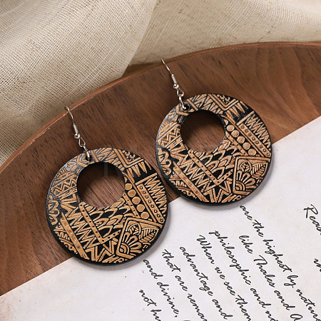 Flat Round Wood Dangle Earrings FS-WGF3184-08-1