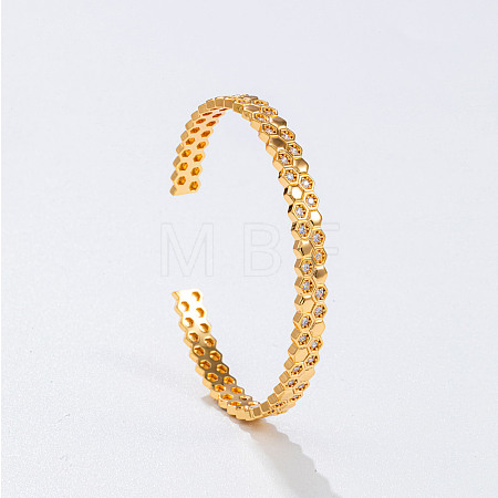 Brass Micro Pave Clear Cubic Zirconia Honeycomb Hexagon Cuff Bangles for Women WG502CE-01-1