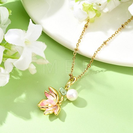 Brass Enamel & Shell Pearl Pink Lotus Flower Pendant 304 Stainless Steel Satellite Chain Necklaces for Women NJEW-JN06112-1