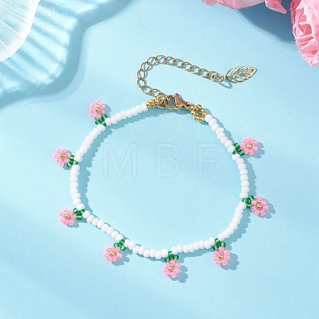 Floral Glass Seed Bead Charm Bracelets for Women BJEW-MZ00306-01-1