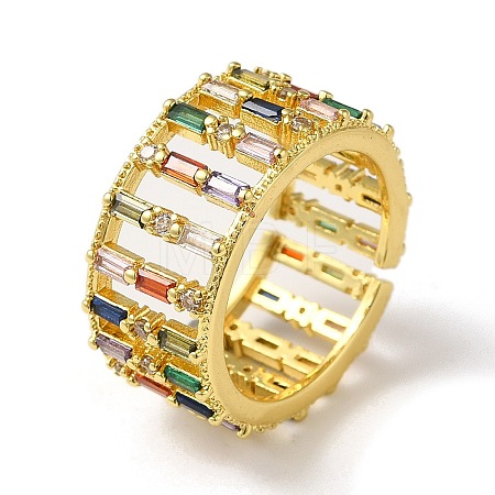 Rack Plating Brass Micro Pave Colorful Cubic Zirconia Rectangle Open Cuff Ring RJEW-M162-37G-1