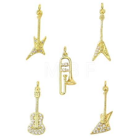 5Pcs 5 Styles Musical Instruments Theme Rack Plating Brass Clear Cubic Zirconia Pendants KK-CJ0005-93-1