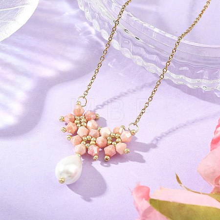 Electroplate Glass Beaded Flower Teardrop Pendant 304 Stainless Steel Cable Chain Necklaces NJEW-MZ00156-02-1
