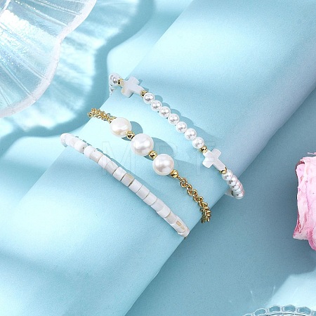3Pcs 3 Styles Shell Pearl Beaded Stretch Bracelets & Brass Rolo Chains Bracelets & Natural Cultured Freshwater Pearl Beaded Braided Bead Bracelets for Women BJEW-JB12786-1