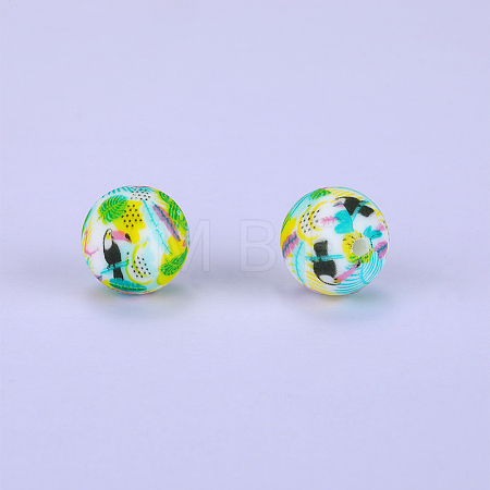 Printed Round with Bird Pattern Silicone Focal Beads SI-JX0056A-175-1