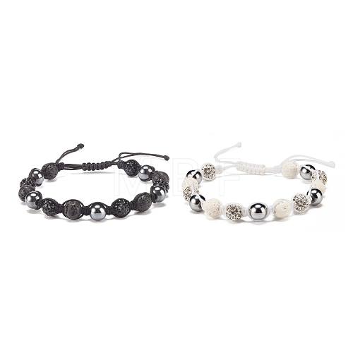 2Pcs 2 Color Natural Lava Rock & Synthetic Hematite Braided Bead Bracelets Set with Rhinestone Disco Ball BJEW-JB07896-1