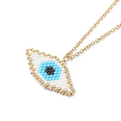 Japanese Seed Braided Rhombus with Evil Eye Pendant Necklace with 304 Stainless Steel Chains for Women NJEW-MZ00002-1