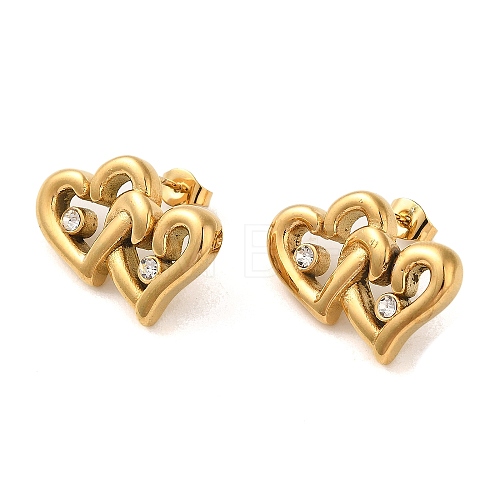 Double Heart 304 Stainless Steel Rhinestone Stud Earrings for Women EJEW-U003-13G-1