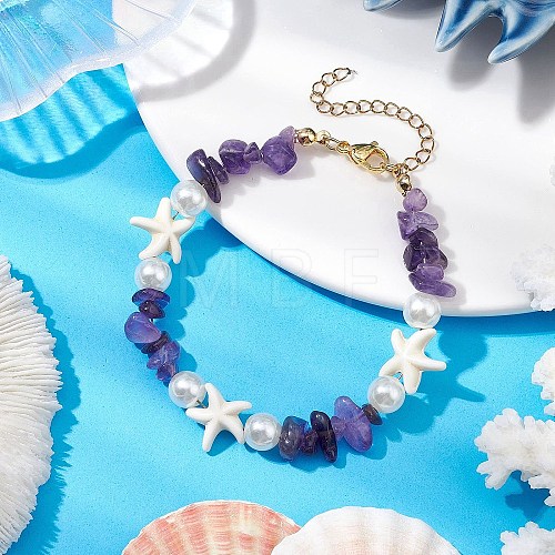 Starfish Synthetic Turquoise & Natural Amethyst Chip Beaded Bracelets for Women BJEW-JB11264-01-1