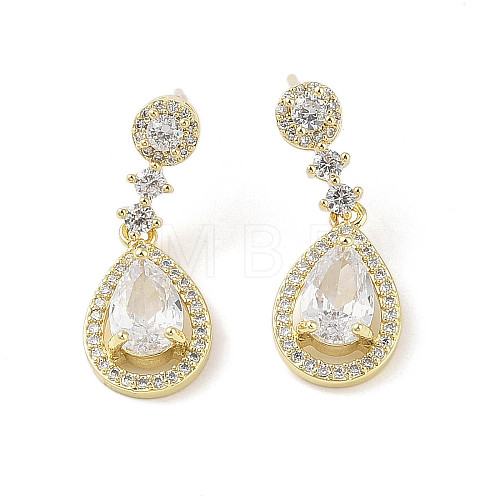 Teardrop Brass Pave Clear Cubic Zirconia Dangle Earrings with Glass for Women EJEW-L285-007G-1