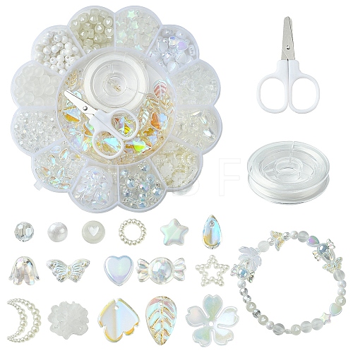 DIY Acrylic Flower Beaded Stretch Bracelet with Leaf Charms Making Kits DIY-YW0008-88-1