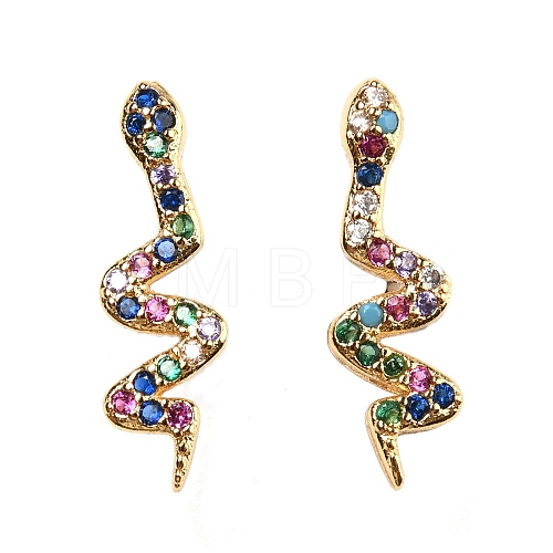 Left and Right Rack Plating Brass Snake Stud Earrings with Cubic Zirconia EJEW-D061-62G-1