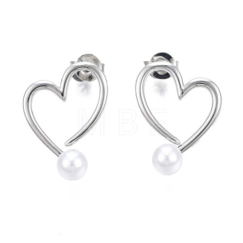 Brass Open Heart Stud Earrings with ABS Plastic Pearl for Women EJEW-N011-54P-1