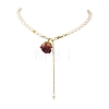 Brass Epoxy Resin Inner Dried Rose Flower Pendant Natural Pearl Beaded Lariat Necklaces NJEW-JN06674-3