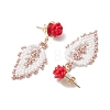 Rose with Leaf Seed Beads Stud Earrings EJEW-MZ00222-5