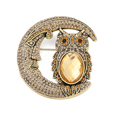 Owl with Moon Alloy Rhinestone Brooches for Backpack Clothes PALLOY-D361-19G-1