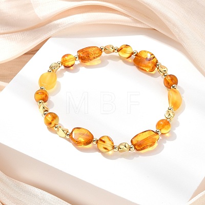 Natural Amber & Brass Beaded Stretch Bracelets for Women Men BJEW-JB13700-1
