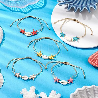 Synthetic Turquoise & Cowrie Shell Braided Starfish & Shell Shape Bead Bracelets for Women BJEW-JB11259-1